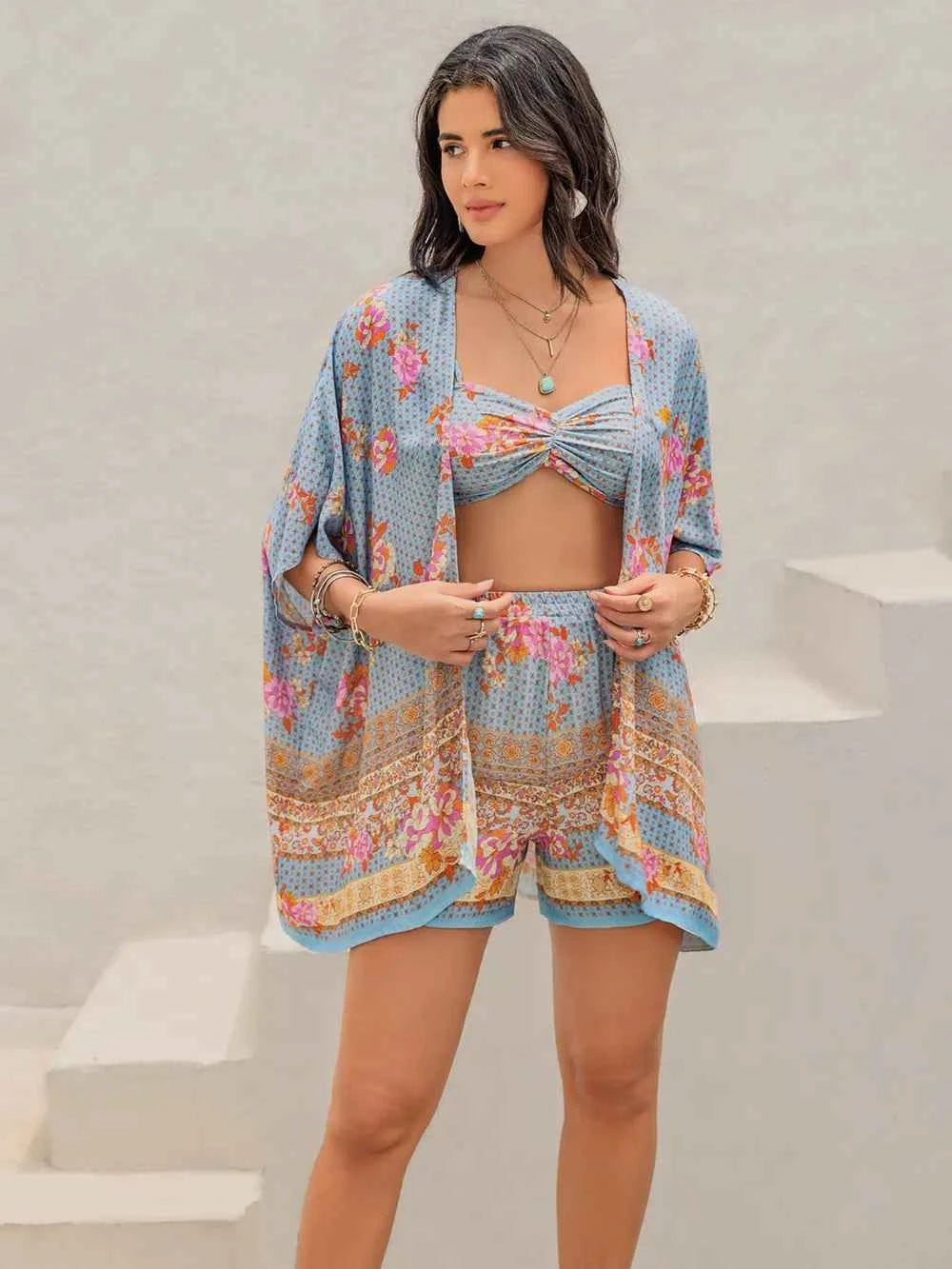 Printed Bra, Shorts and Cover Up Three-Piece Set