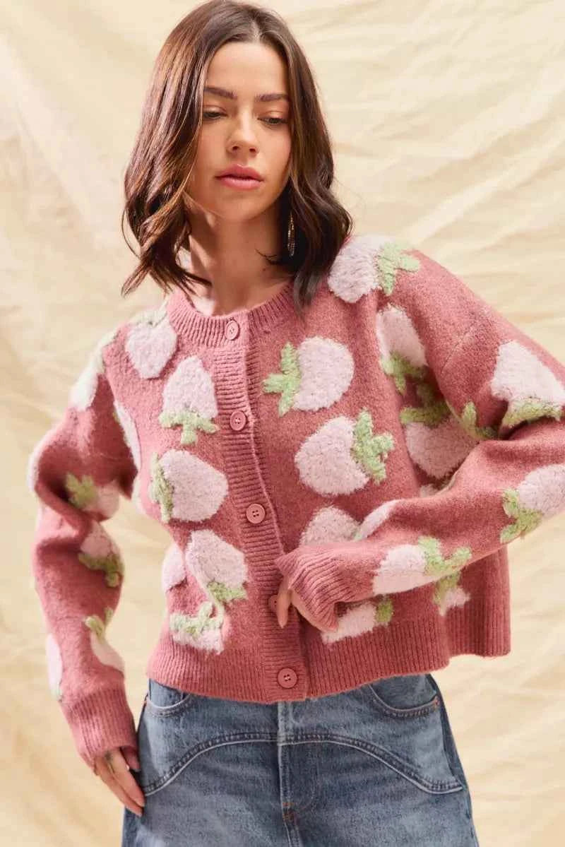 SO ME Strawberry Fruit All Over Button Sweater Cardigan