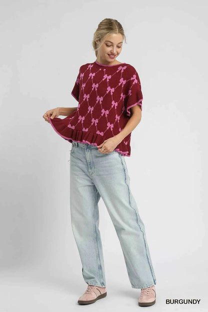 Umgee Bow Knit Ruffle Sleeve Sweater