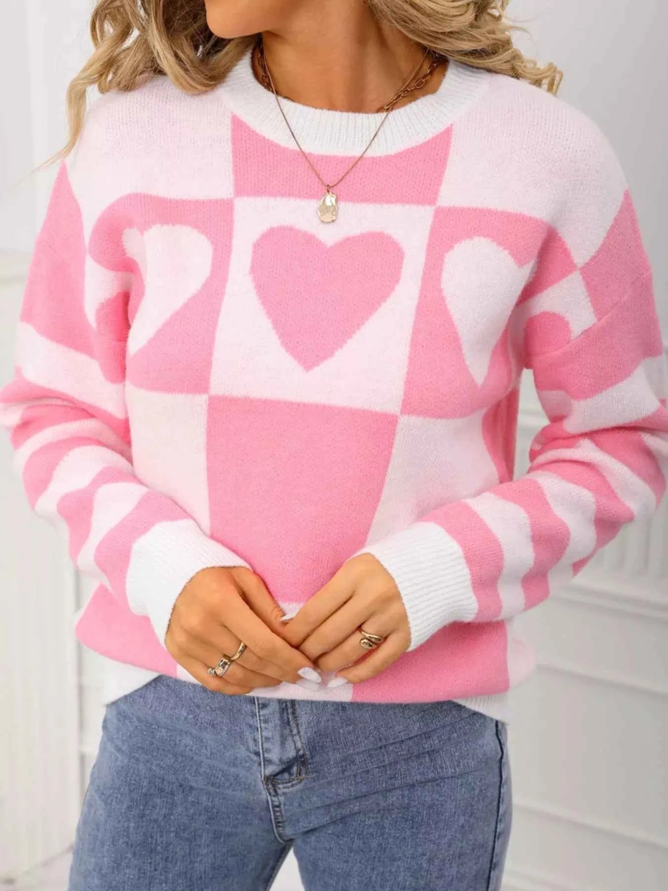 Heart Pattern Checkerboard Knit Sweater