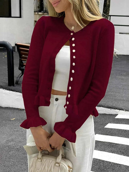 Ruffled Trim Button-Up Knit Cardigan