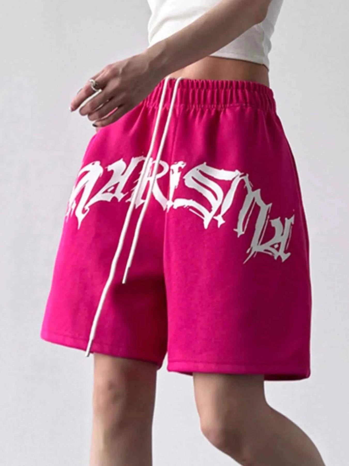 Oversized Drawstring Letter Shorts