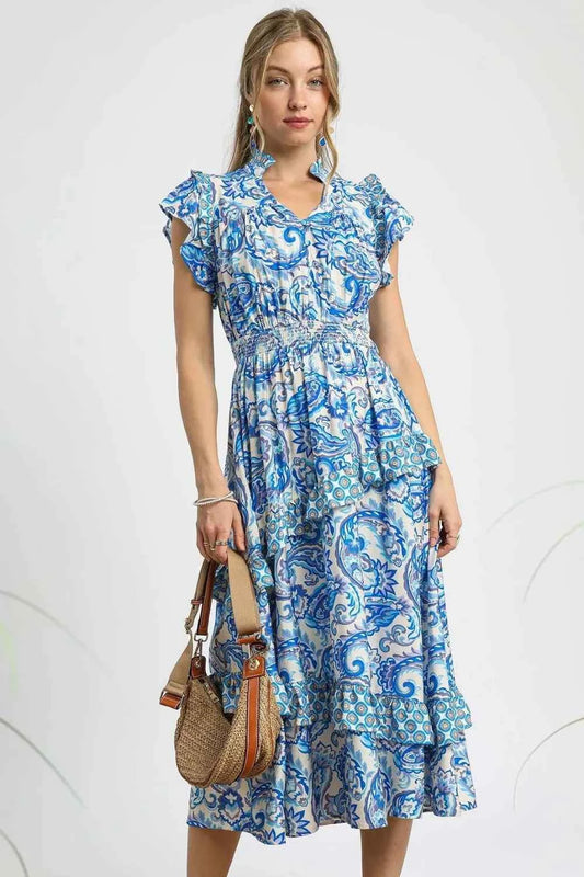 Umgee Paisley Print Ruffle Sleeve Midi Dress