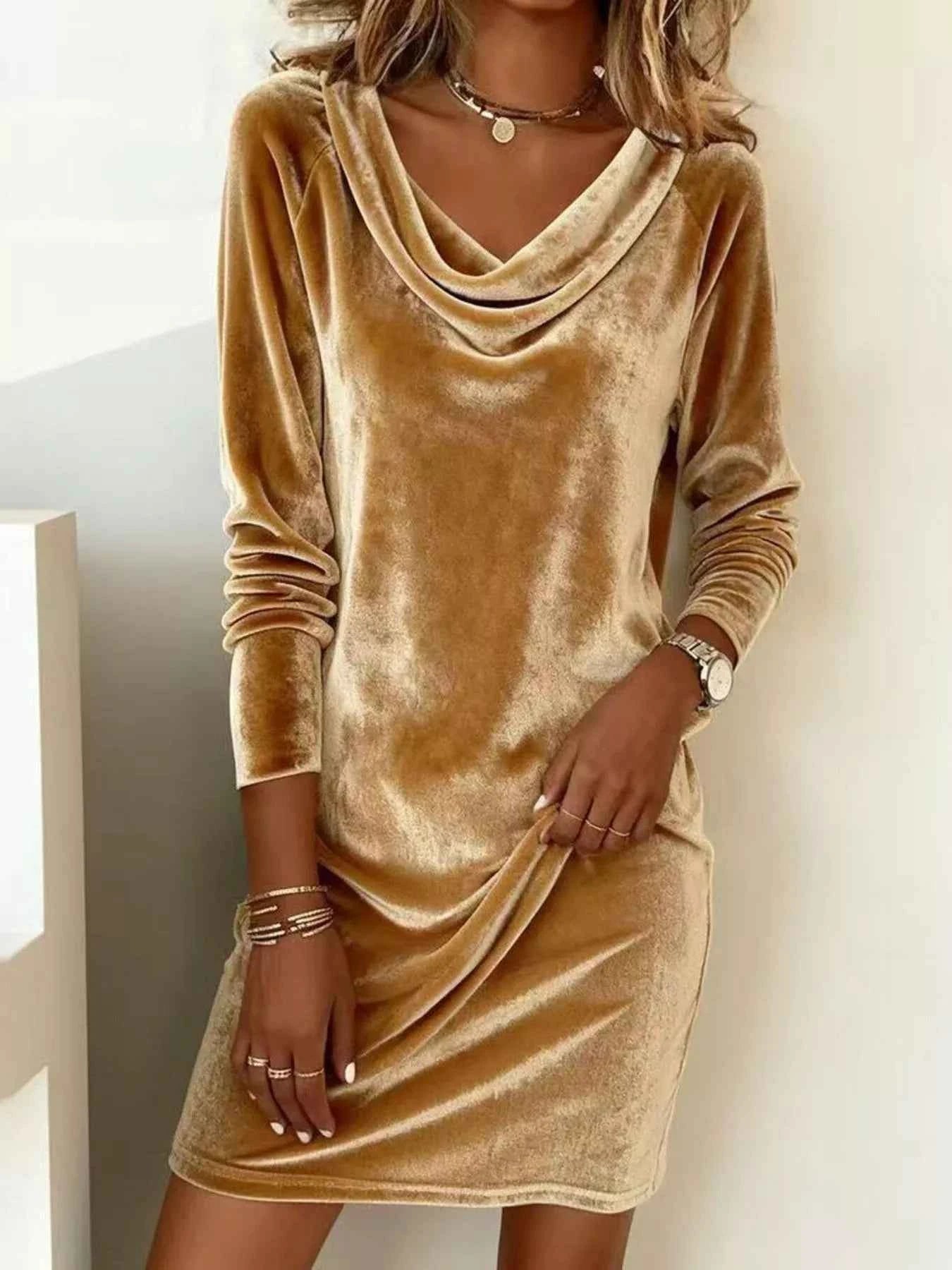 Velvet Cowl Neck Long Sleeve Mini Dress
