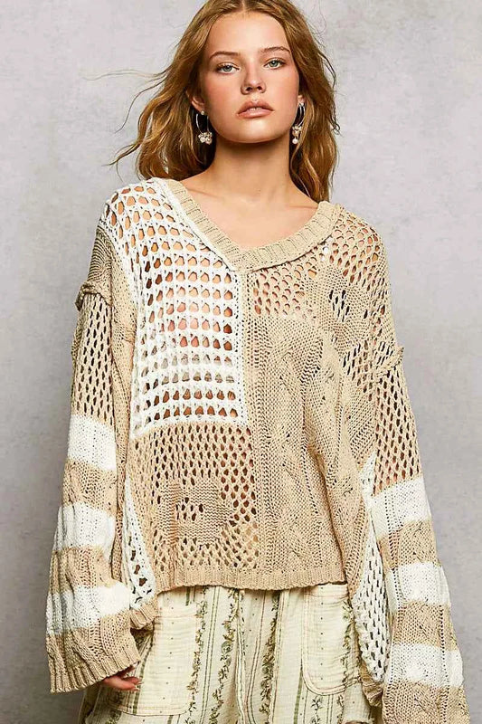 POL Color-Blocked Stripe Pattern Knit Top with Twisted Weave