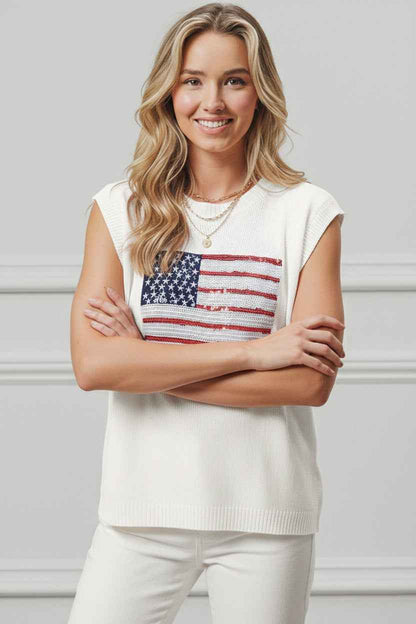 American Flag Sequins Patch Knit Top
