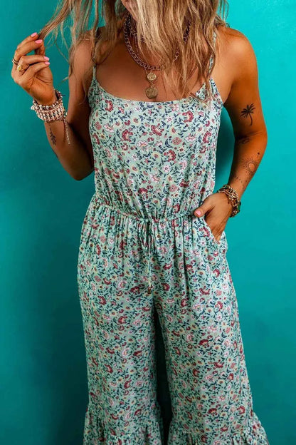 Bohemian Floral Ruffle Bottom Spaghetti Strap Jumpsuit