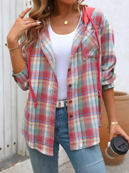 Plaid Button-Up Hooded Shirt with Chest Pocket