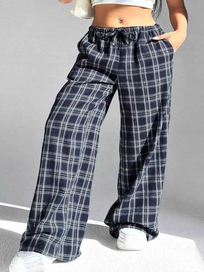 Plaid Drawstring Wide Leg Pants