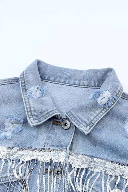Fringed Sequin Embellished Denim Jacket