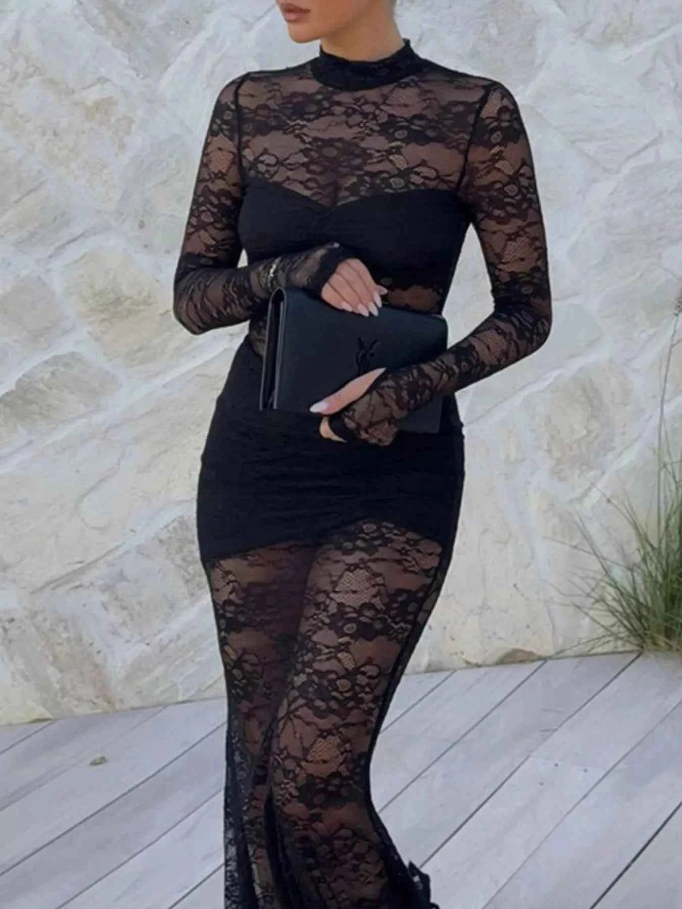 Lace Sheer Mock Neck Long Sleeve Maxi Dress