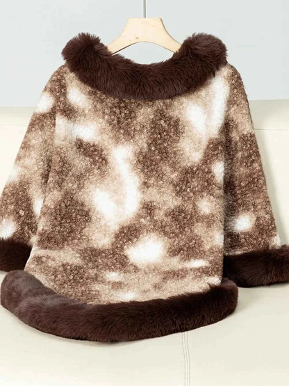 Furry Contrast Three-Quarter Poncho