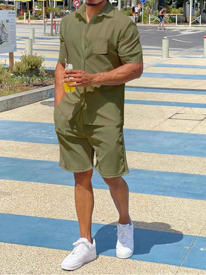 Men's Plus Size Button Up Shirt and Shorts Set