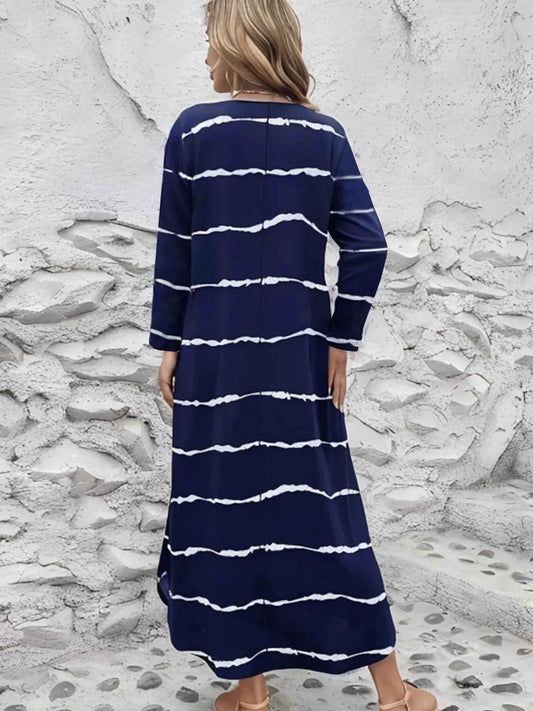 Striped V-Neck Long Sleeve Casual Maxi Dress