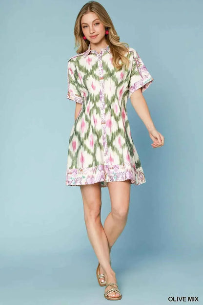 Umgee Ethnic Print Short Sleeve Mini Shirt Dress