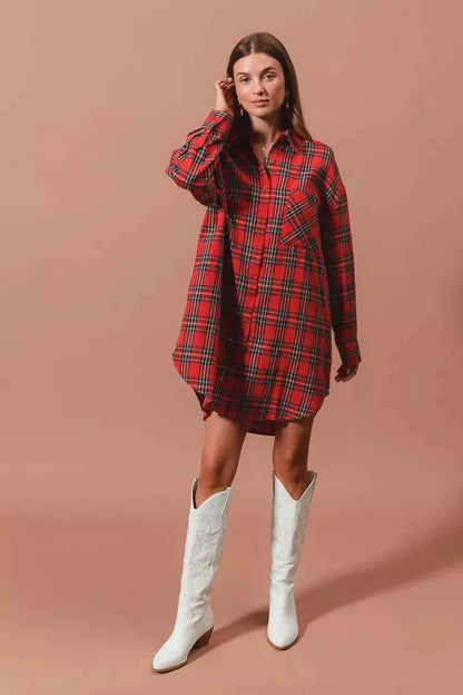 SO ME Christmas Checker Plaid Button Up Shirt Dress