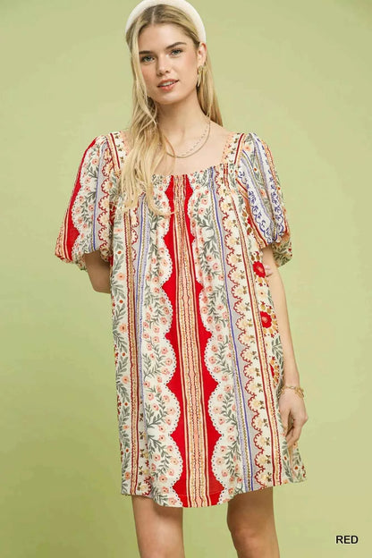 Umgee Mixed Print Puff Sleeve Mini Dress