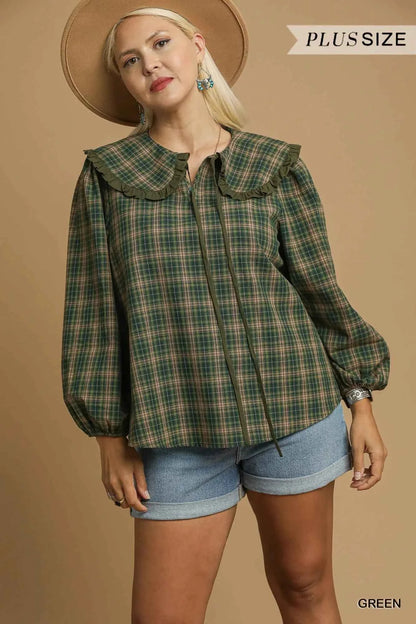 Umgee Full Size Plaid Ruffle Collar Blouse Plus Size