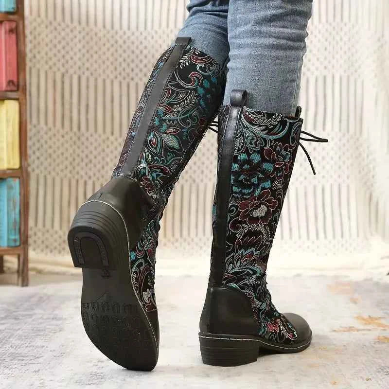 Embroidered Lace-Up Knee High Boots