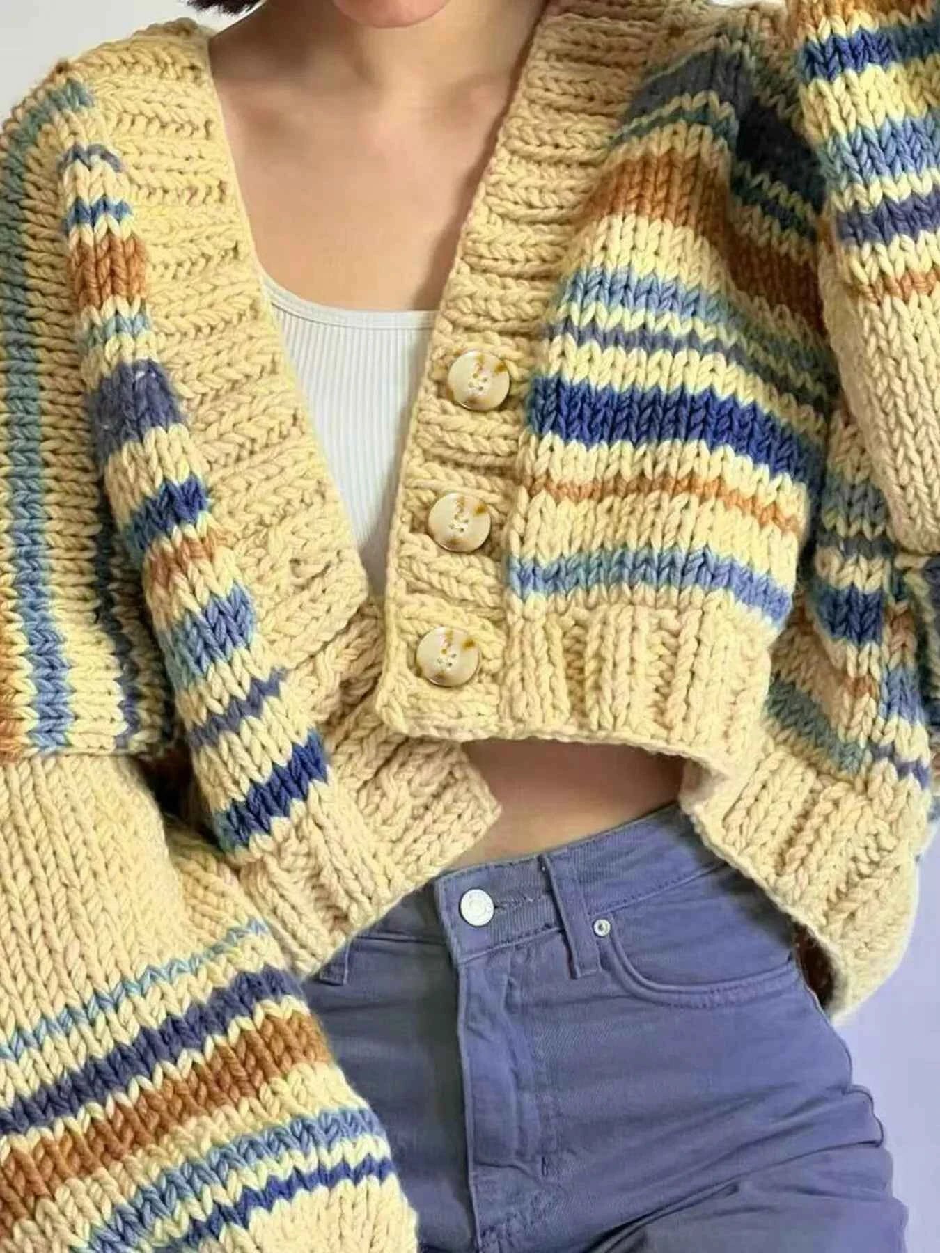 Chunky Knit Striped Cropped Cardigan