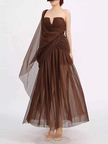 One-Shoulder Flowy Mesh Dress