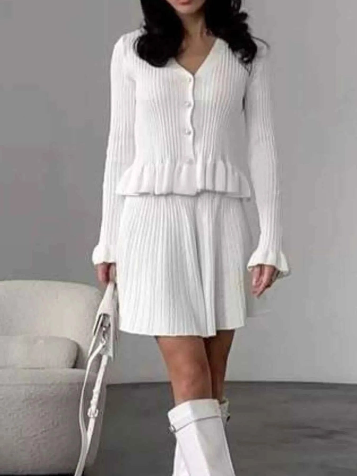 Ruffle Trim Knit Cardigan & Skirt Set