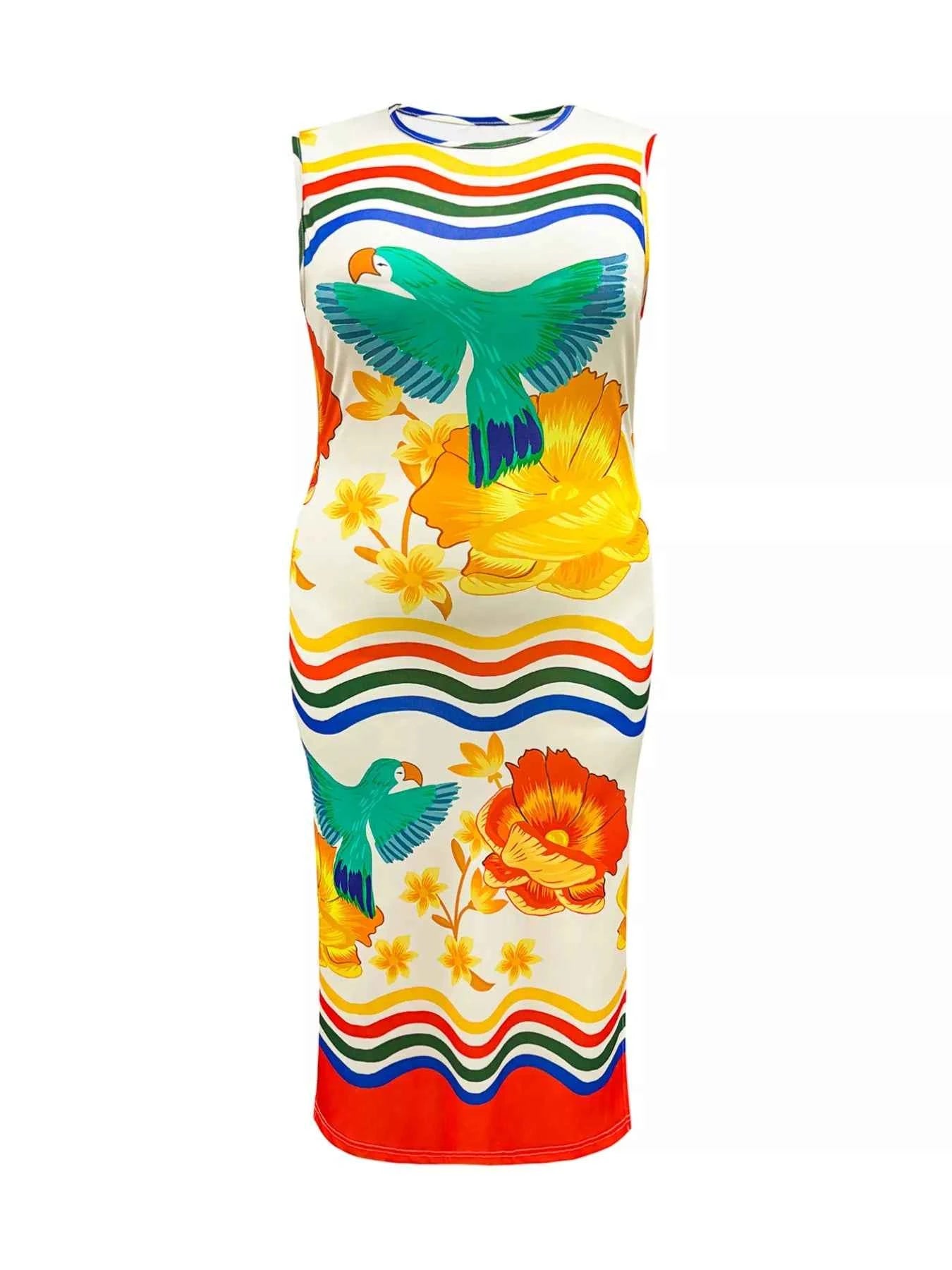 Plus Size Tropical Parrot Print Sleeveless Midi Dress