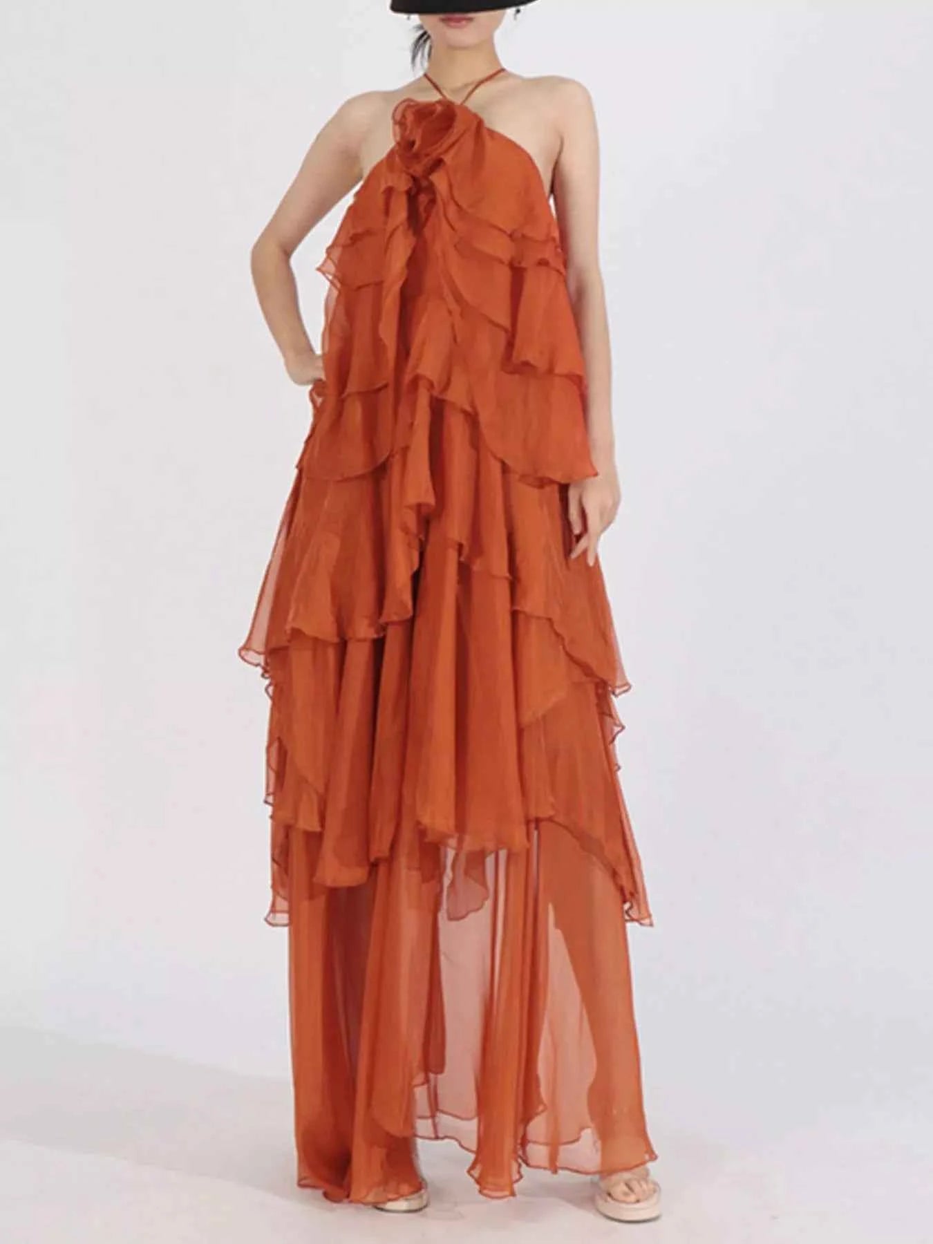 Ruffled Chiffon Halter Neck Maxi Dress