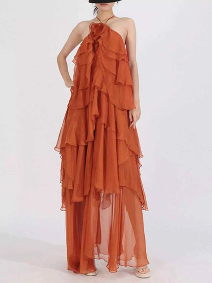 Ruffled Chiffon Halter Neck Maxi Dress