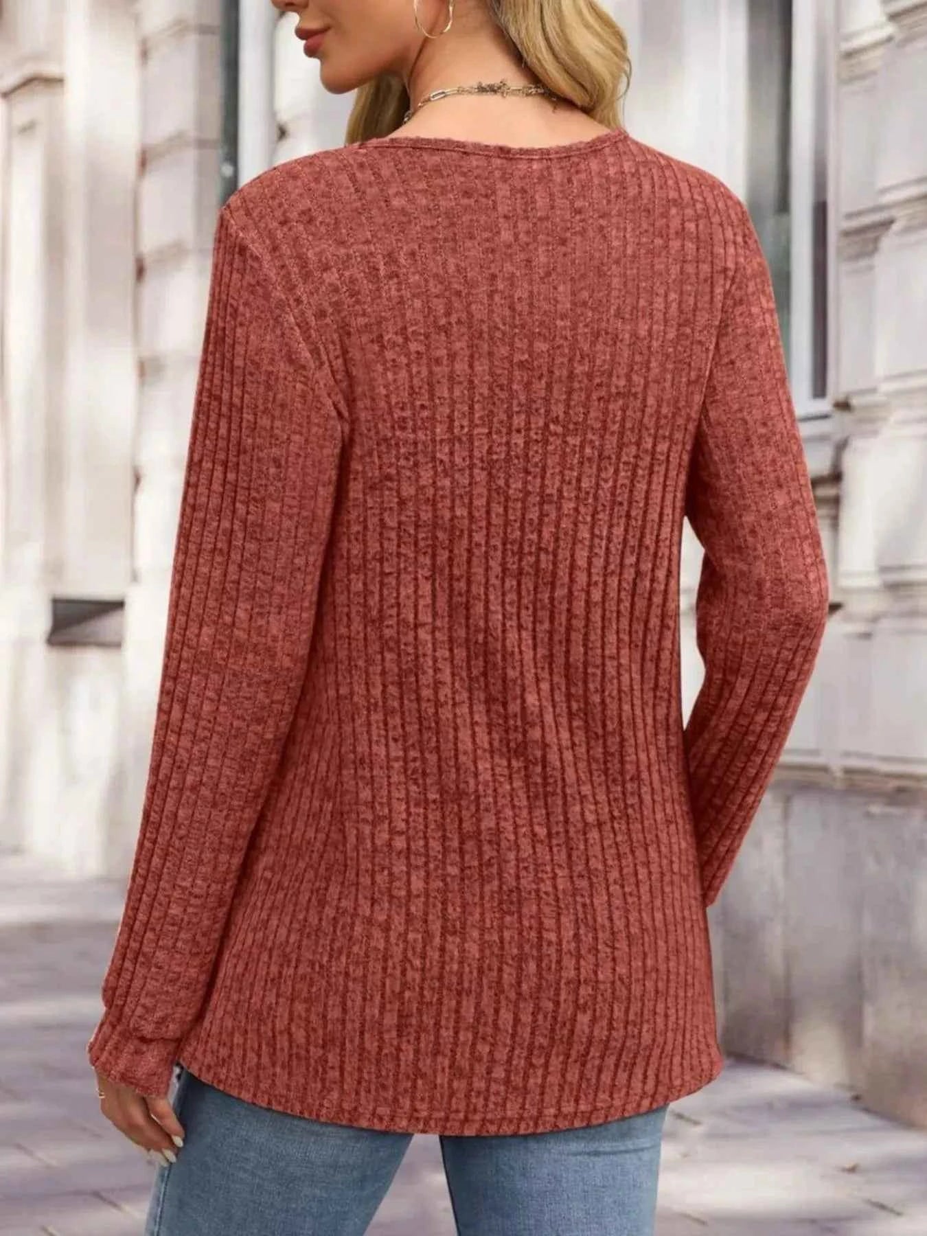 Ribbed Knit Button-Front Long Sleeve T-Shirt