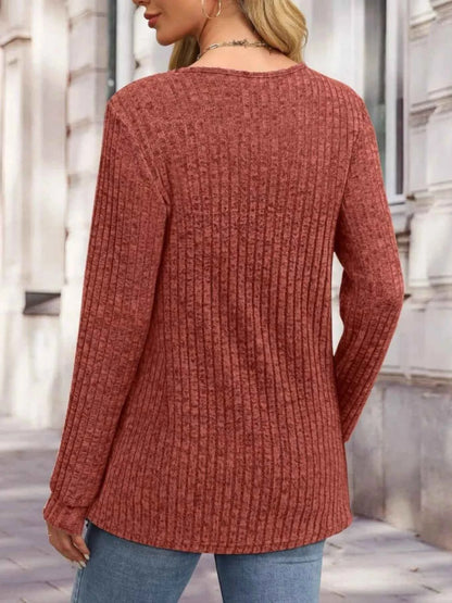 Ribbed Knit Button-Front Long Sleeve T-Shirt