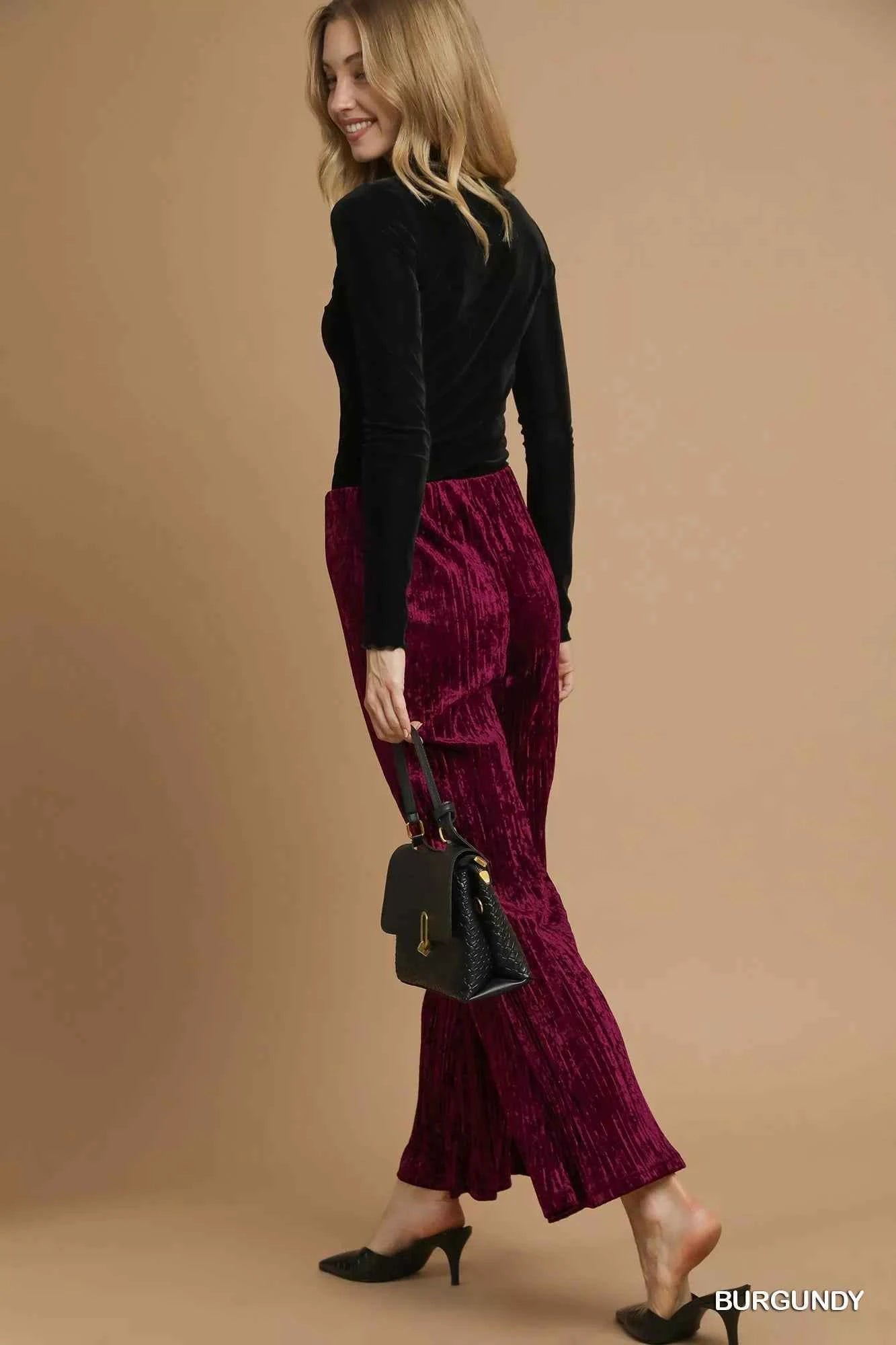 Umgee Velvet Pleated Wide Leg Pants