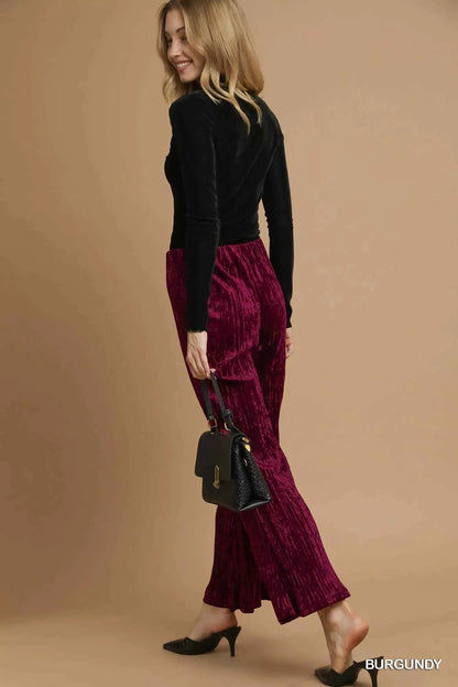 Umgee Velvet Pleated Wide Leg Pants