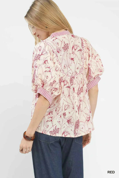 Umgee Mixed Print Puff Sleeve Split Neck Top