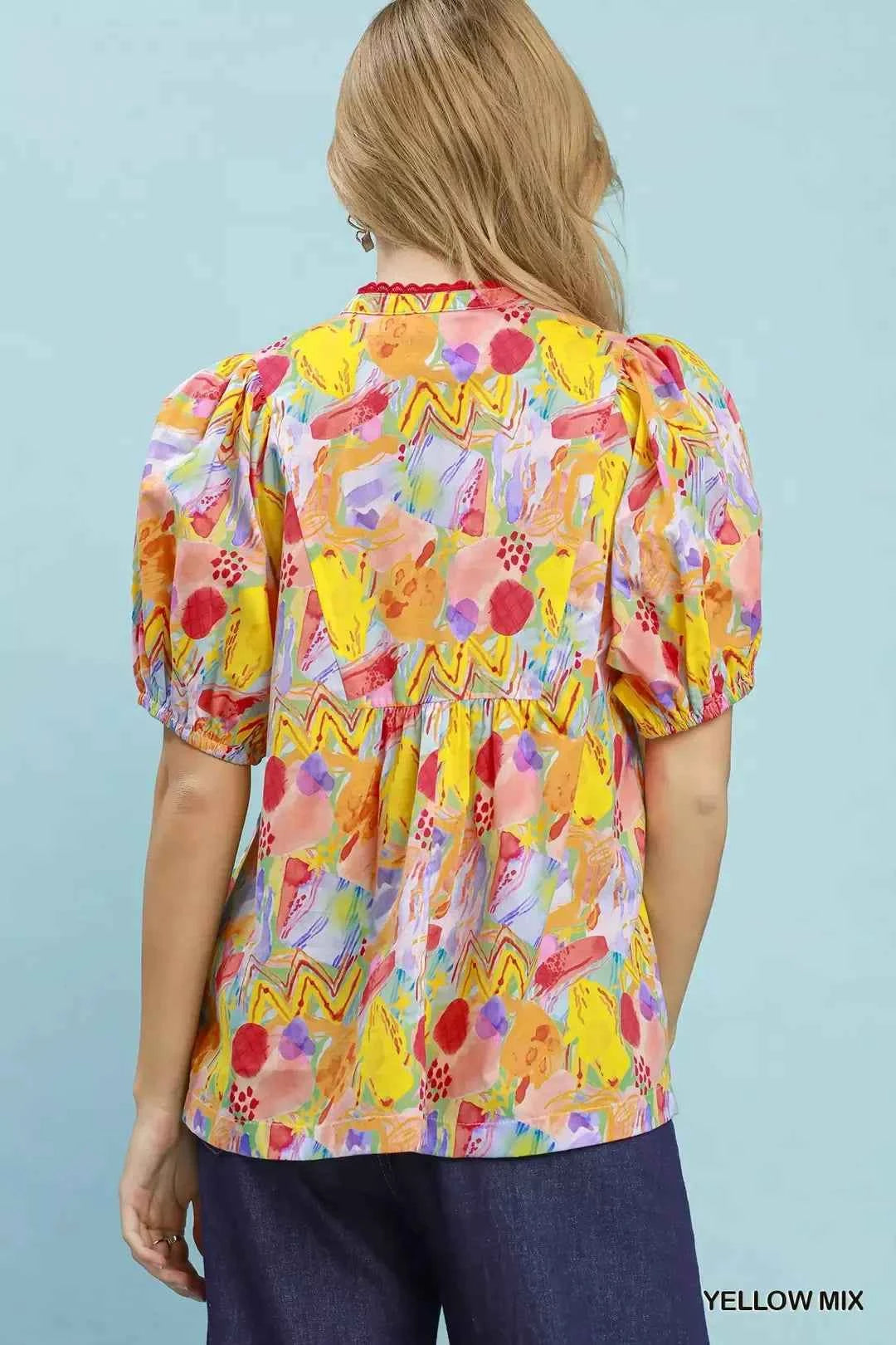 Umgee Abstract Print Puff Sleeve Top