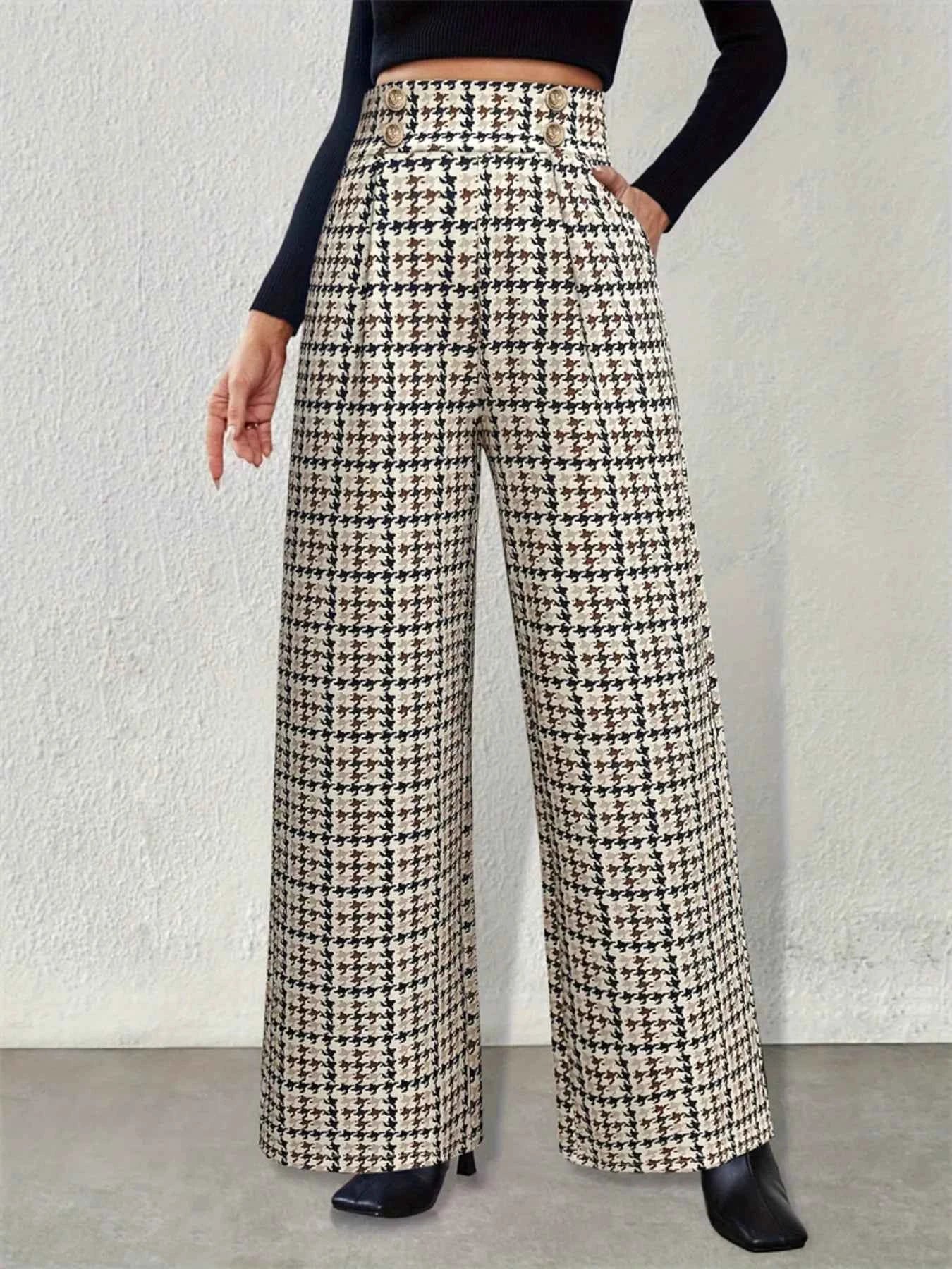High Waisted Houndstooth Wide Leg Pants