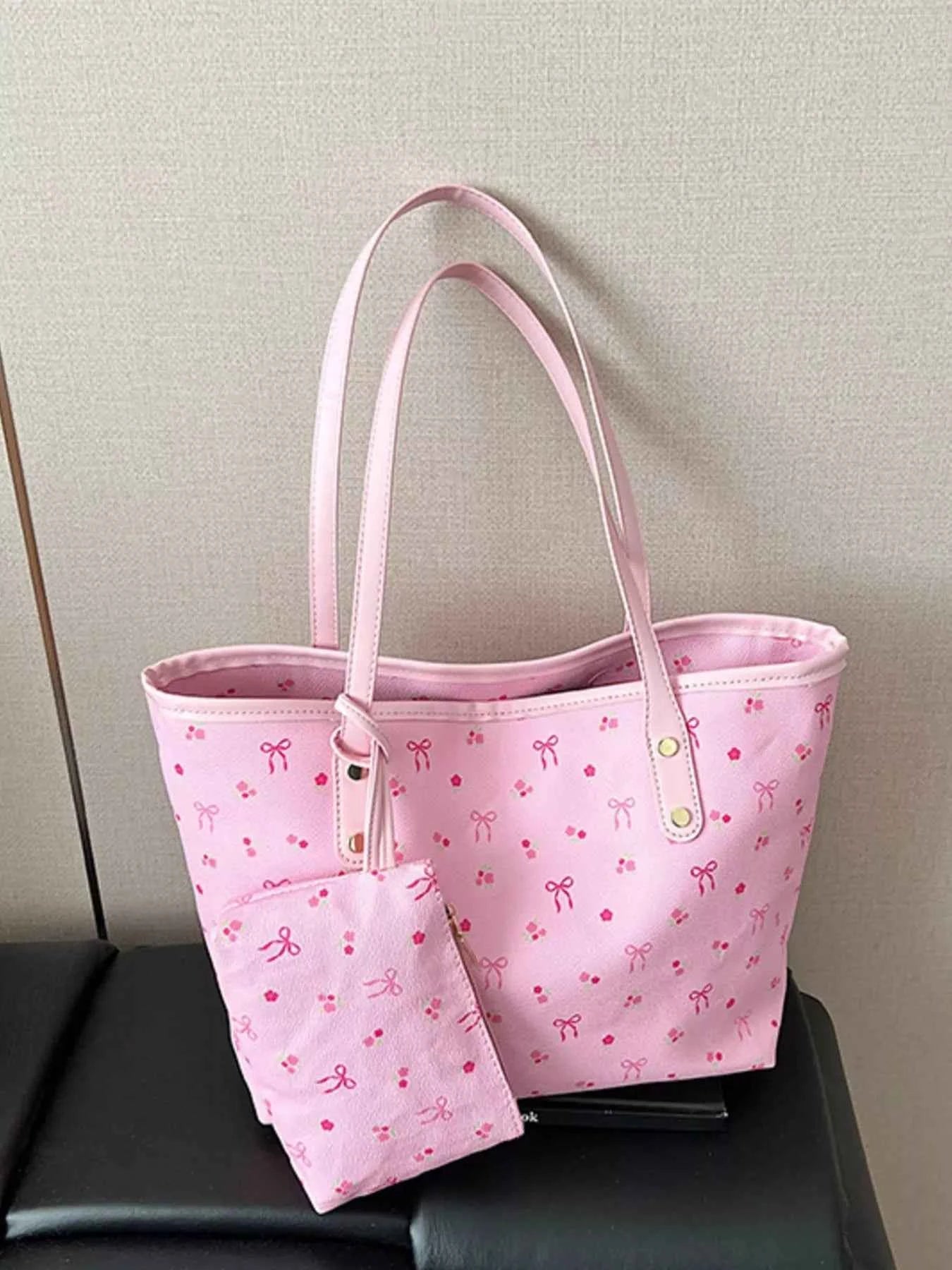 Printed Tote Shoulder Bag with Pouch