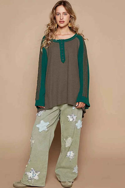 POL Scoop Neck Contrast Long Sleeve Top with Lace Detail