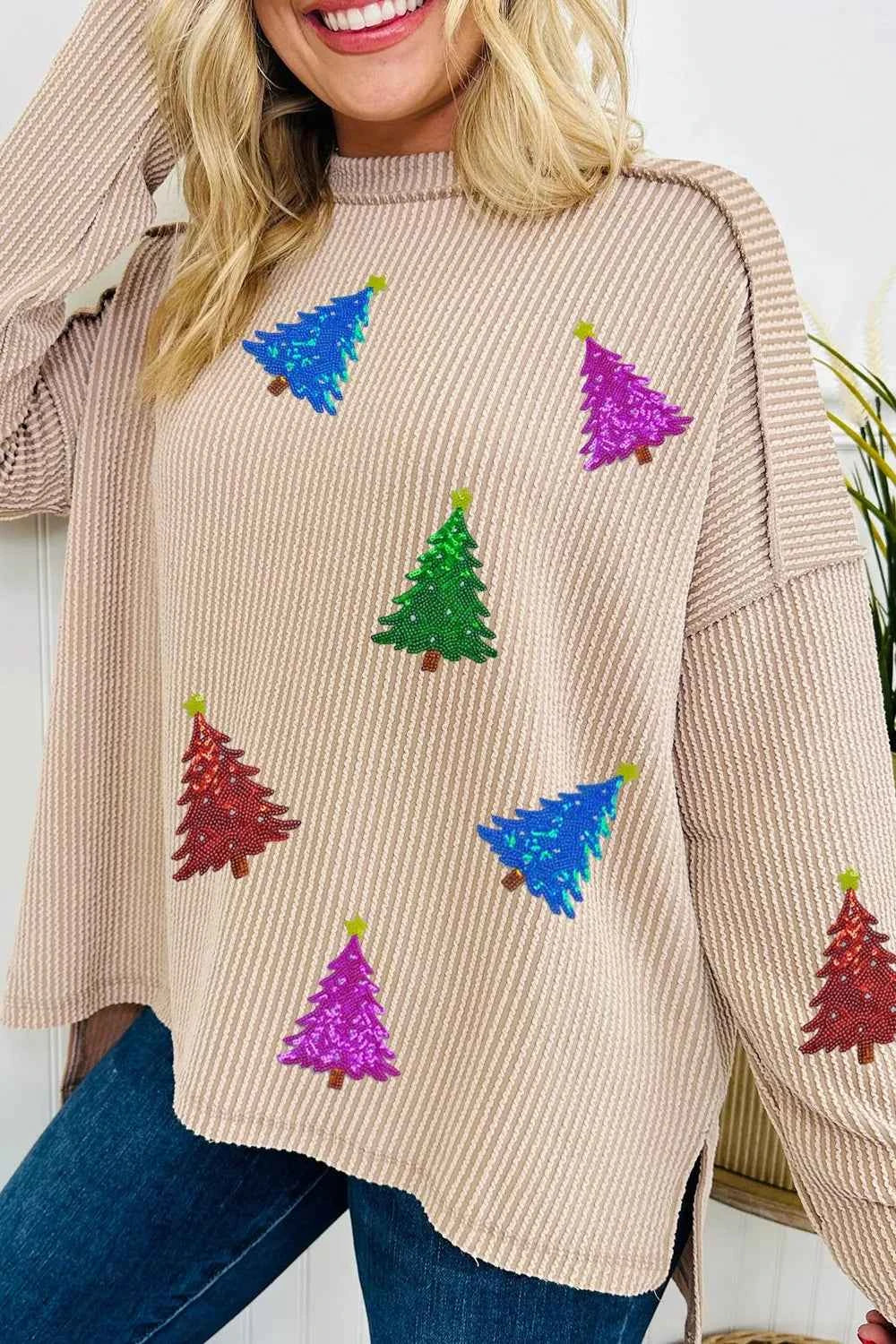 Sequin Christmas Tree Exposed Seam Drop Shoulder Ribbed Long Sleeve Top