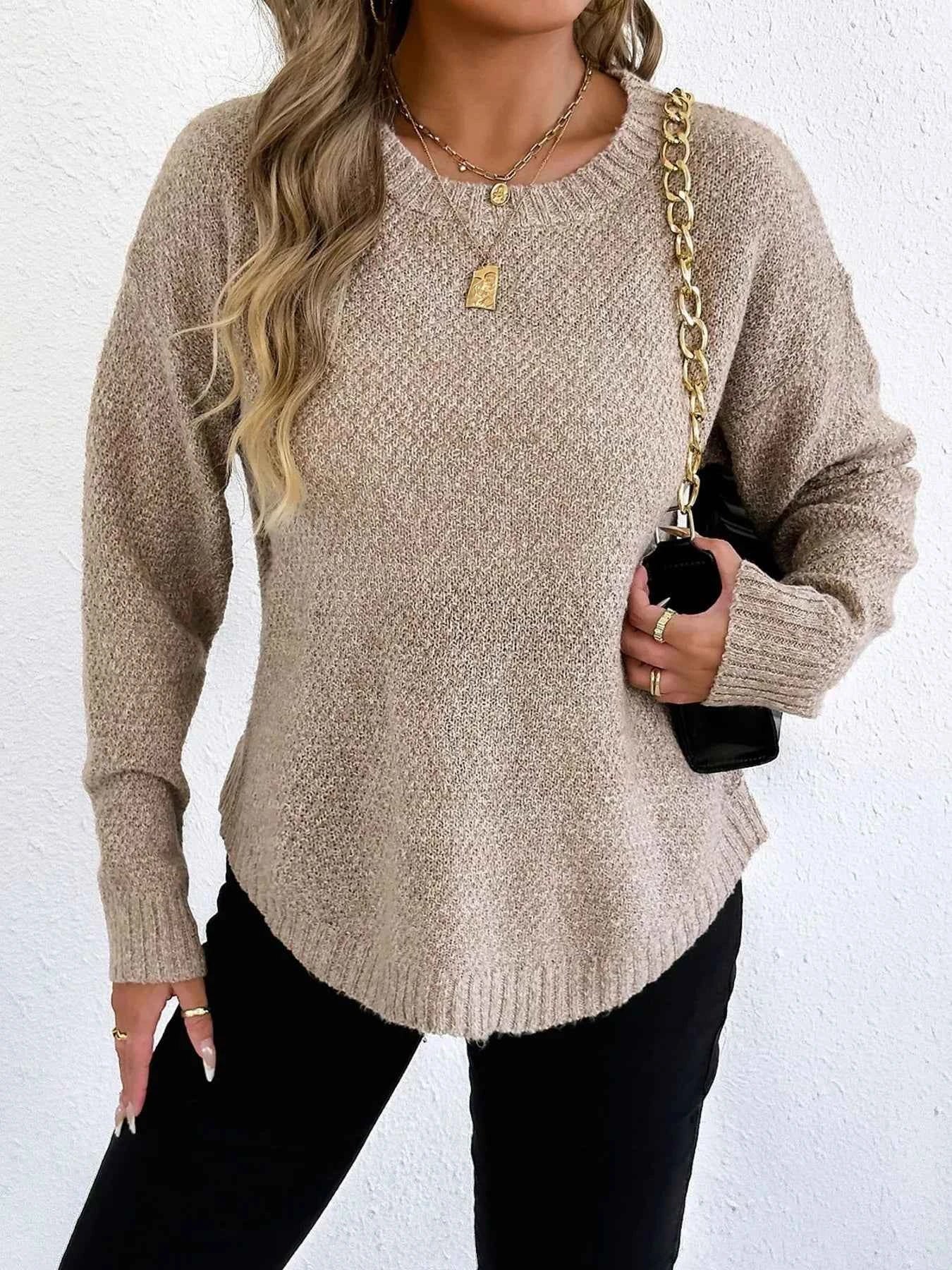 Textured Knit Relaxed Fit Round Neck Sweater