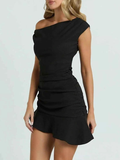 One-Shoulder Ruffle Hem Mini Dress