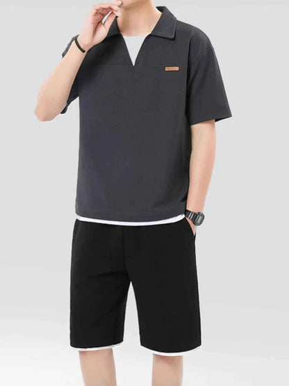 Men's Plus Size Johnny Collar Top and Shorts Set