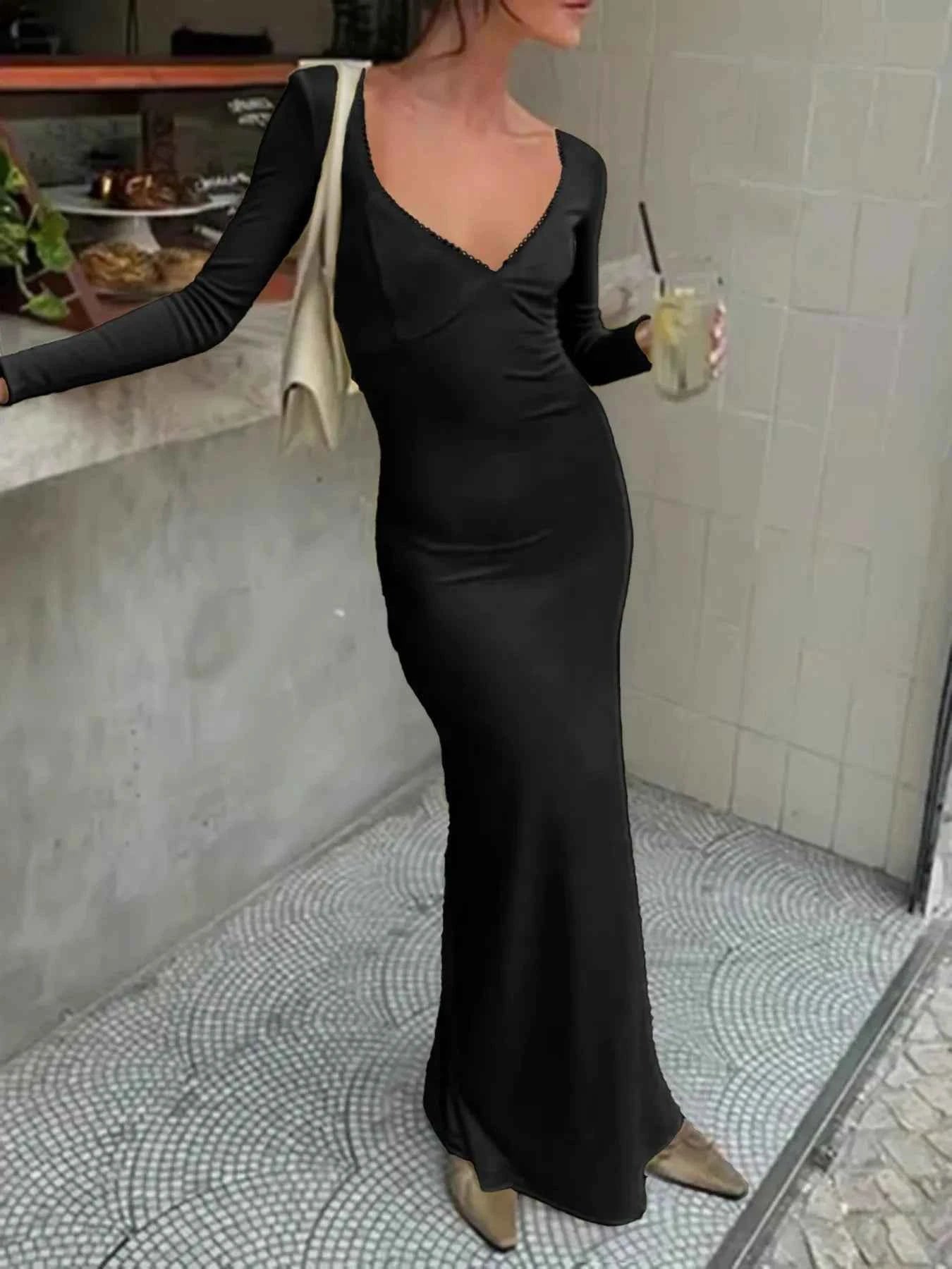 Deep-V Long Sleeve Slim Maxi Dress