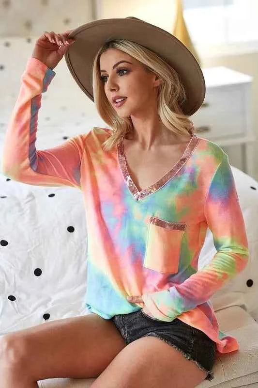 BiBi Tie Dye V-neck Terry Knit Top With Sequins