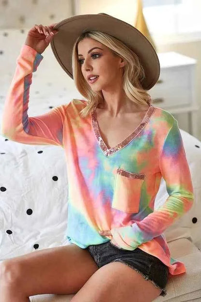 BiBi Tie Dye V-neck Terry Knit Top With Sequins