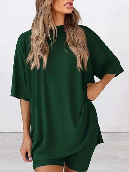 Full Size Oversized Round Neck Top and Shorts Set Plus Size