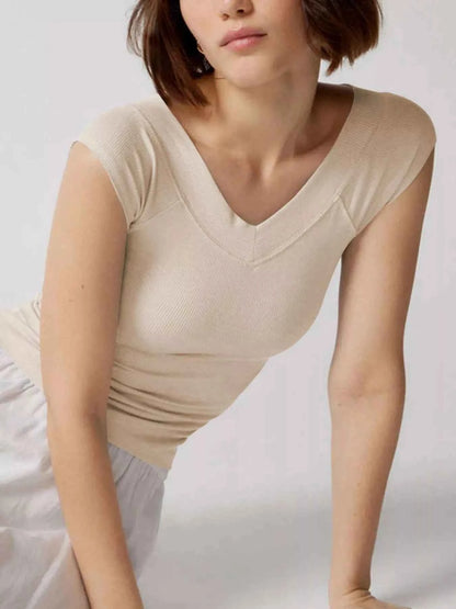 Ribbed V-Neck Cap Sleeve Fitted T-Shirt