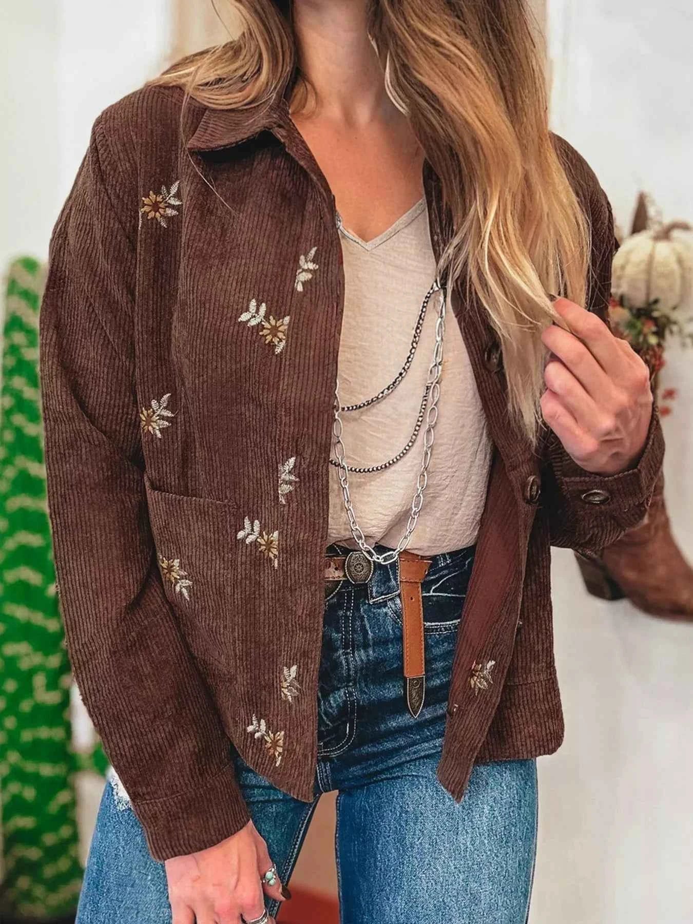 Floral Embroidered Collar Button Front Corduroy Jacket