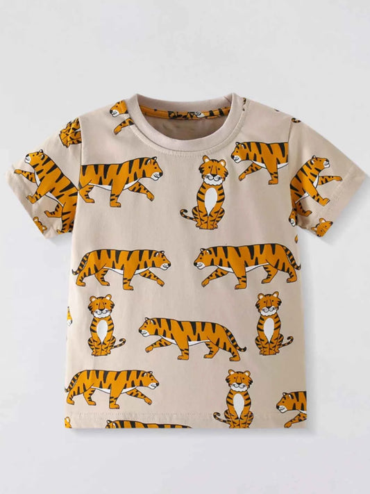 Children's Tiger Print Crew Neck Short Sleeve T-Shirt