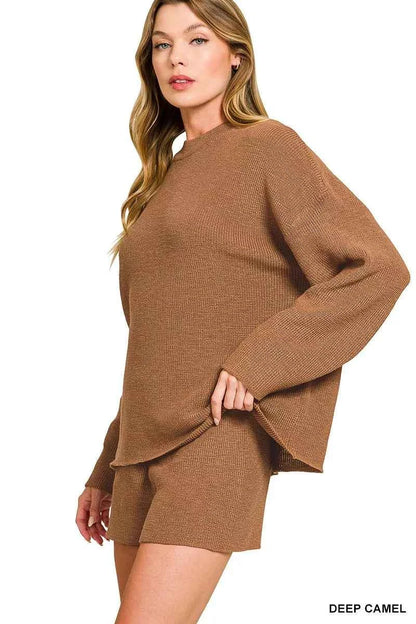 Zenana Round Neck Knit Top and Shorts Sweater Set